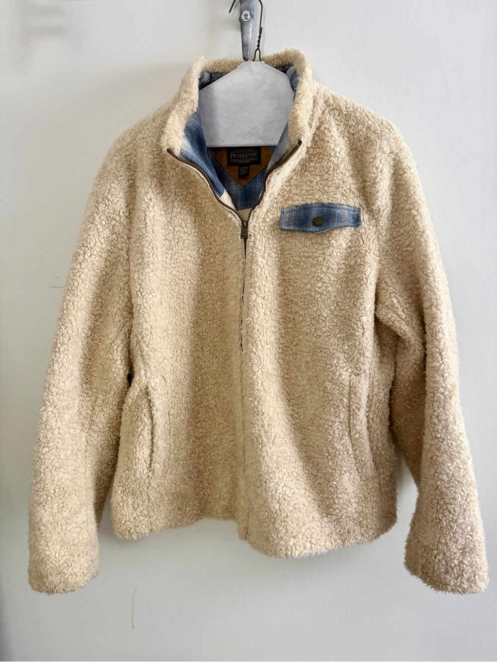 Pendleton Cream Sherpa Jacket with Blue Plaid Trim